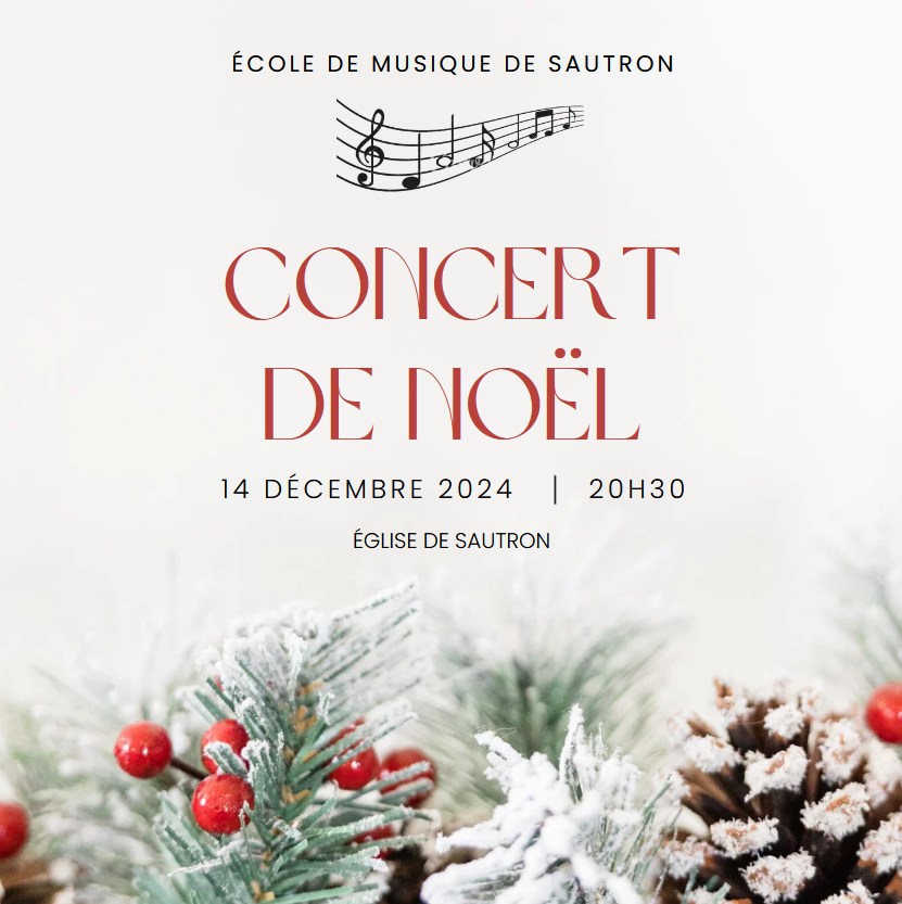 Affiche du concert de Noël de l'École de musique de Sautron, qui se déroulera samedi 14 décembre 2024 à 20h30